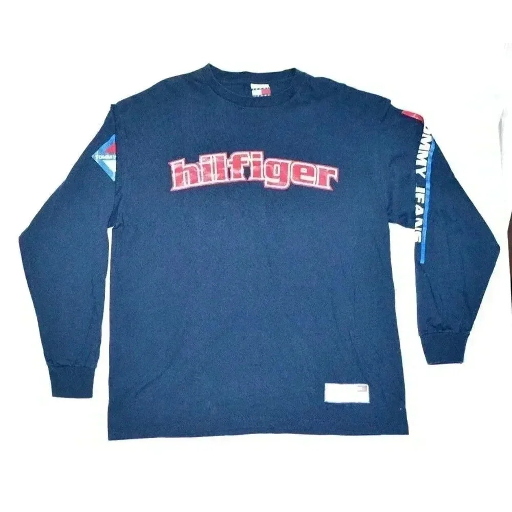 VTG Tommy Hilfiger Jeans Long Sleeve Spellout Graphic Shirt Navy Blue Mens L 90s